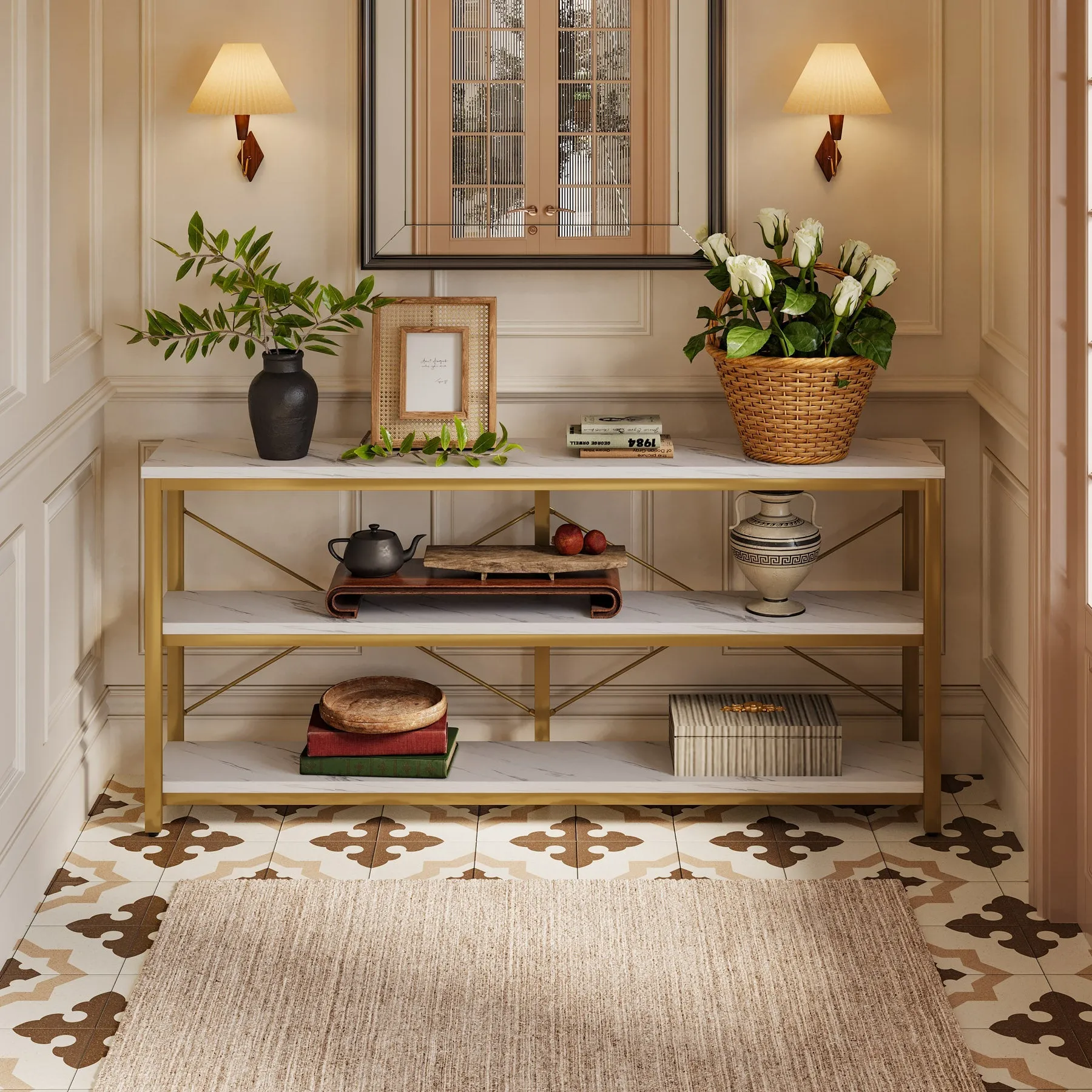 70.9" Console Table, 3-Tier Sofa Table with Metal Frame