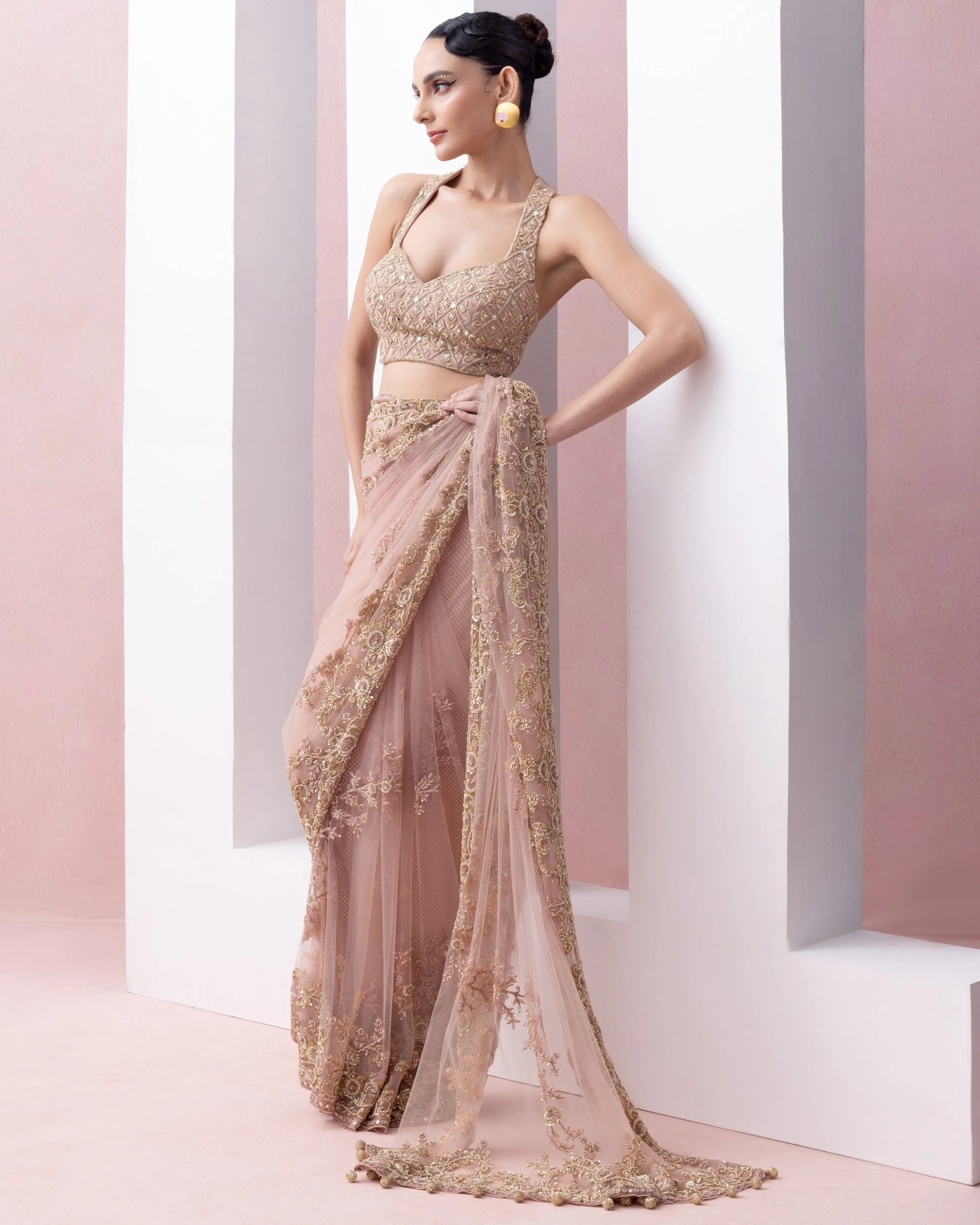 Peach Thread Work Pre-Stitched Sari With Embroidered Razor Back Blouse