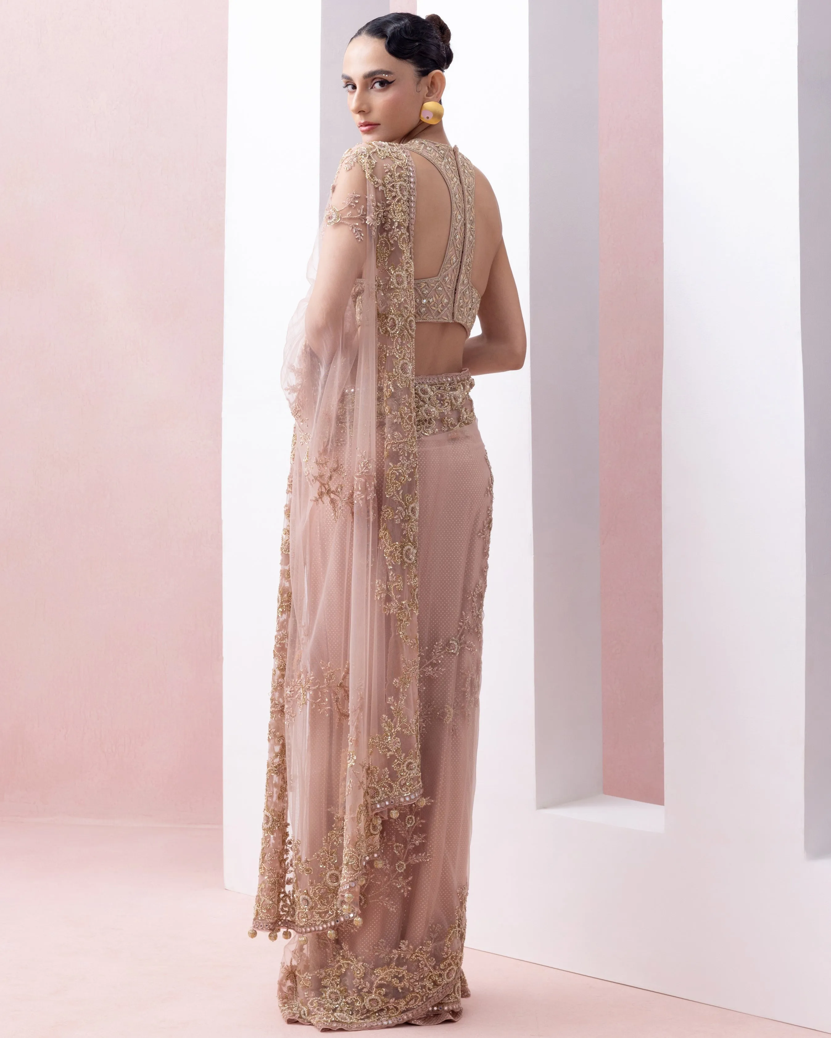 Peach Thread Work Pre-Stitched Sari With Embroidered Razor Back Blouse