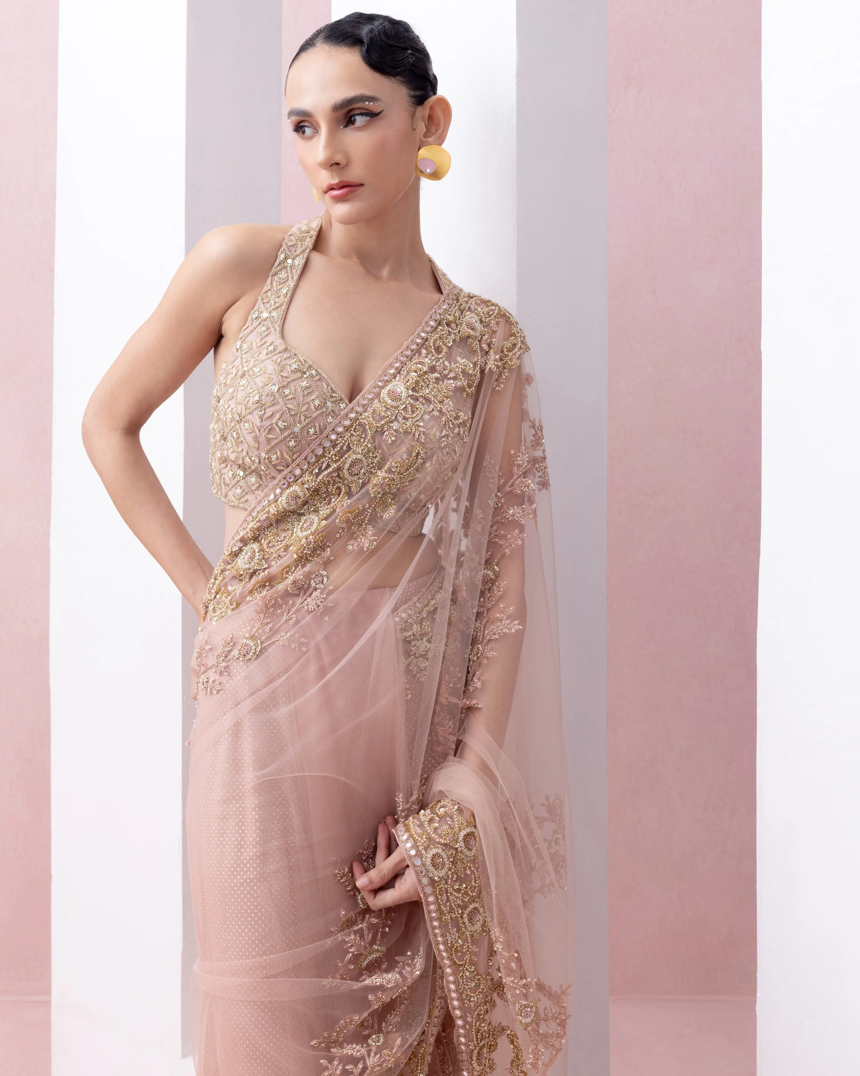 Peach Thread Work Pre-Stitched Sari With Embroidered Razor Back Blouse